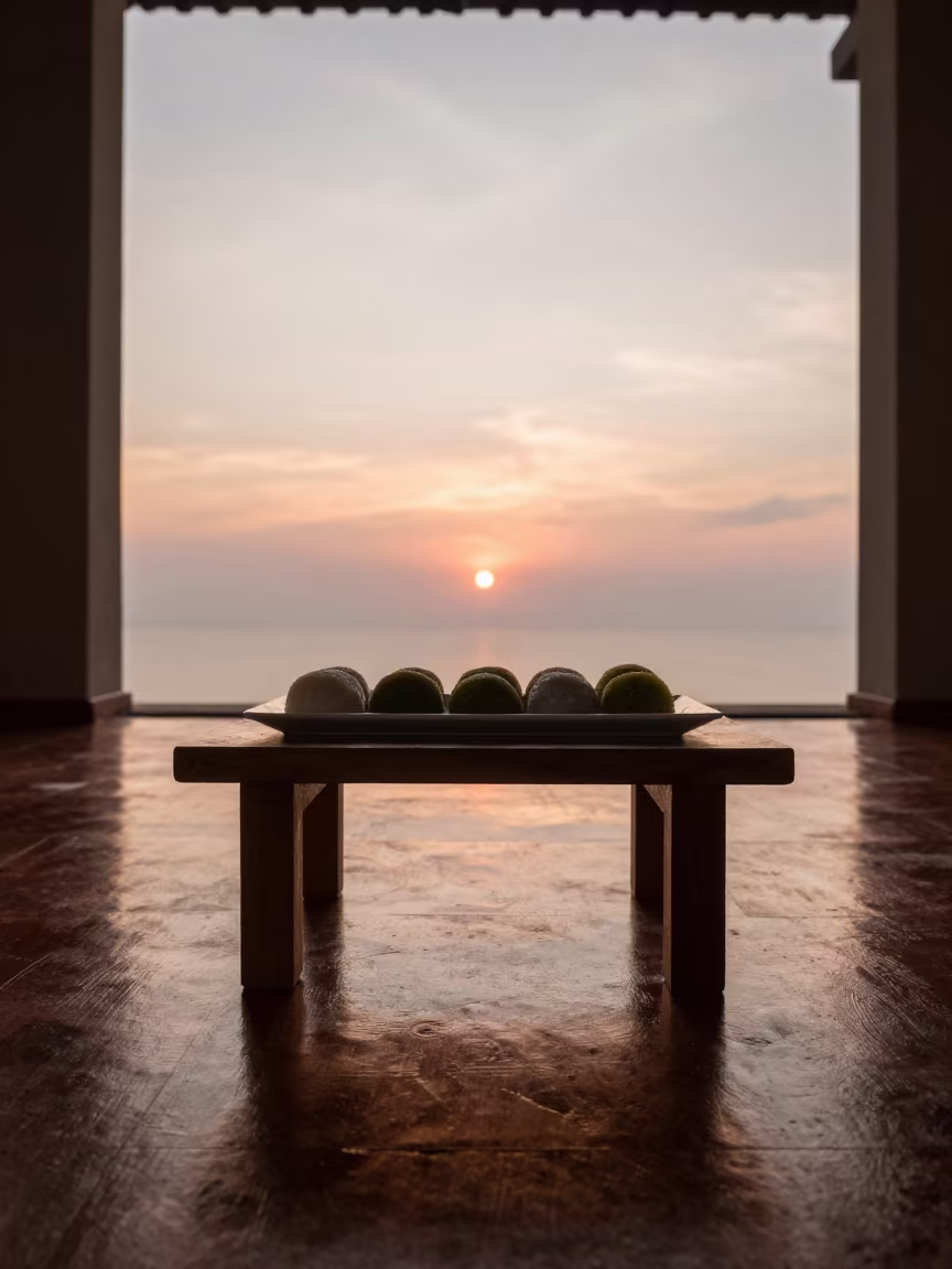 Matcha Wagashi on Cafe Table Cúcuta in on a small cafe table by a window in Cúcuta