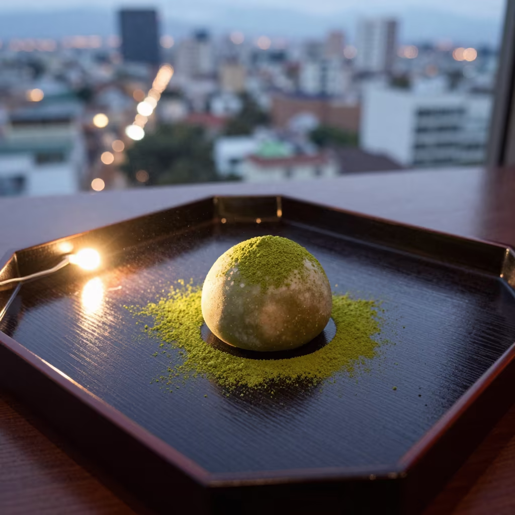 Matcha Wagashi Sweets on Tray in Santiago in on a tea house tray in Santiago de Querétaro