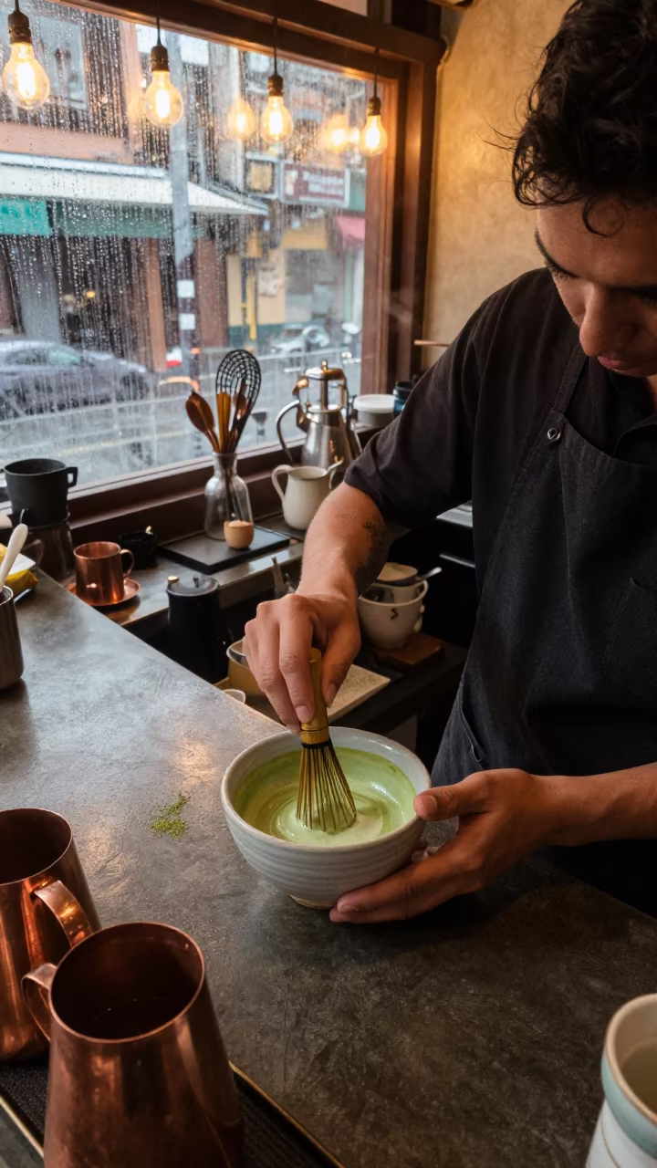 Matcha Whisking in Bogota Tea Bar in at a coffee bar counter in Teusaquillo, Bogota