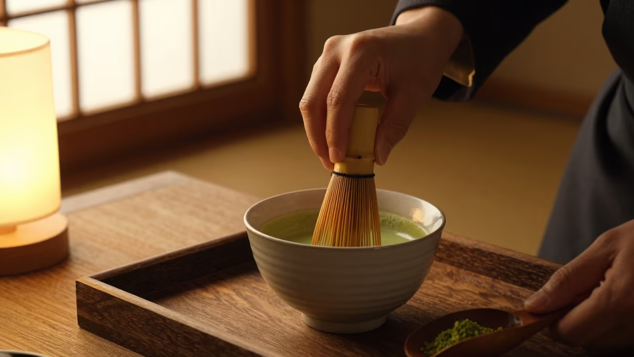 Matcha Whisking in Golden Winter Light in on a tea house tray in Moradabad