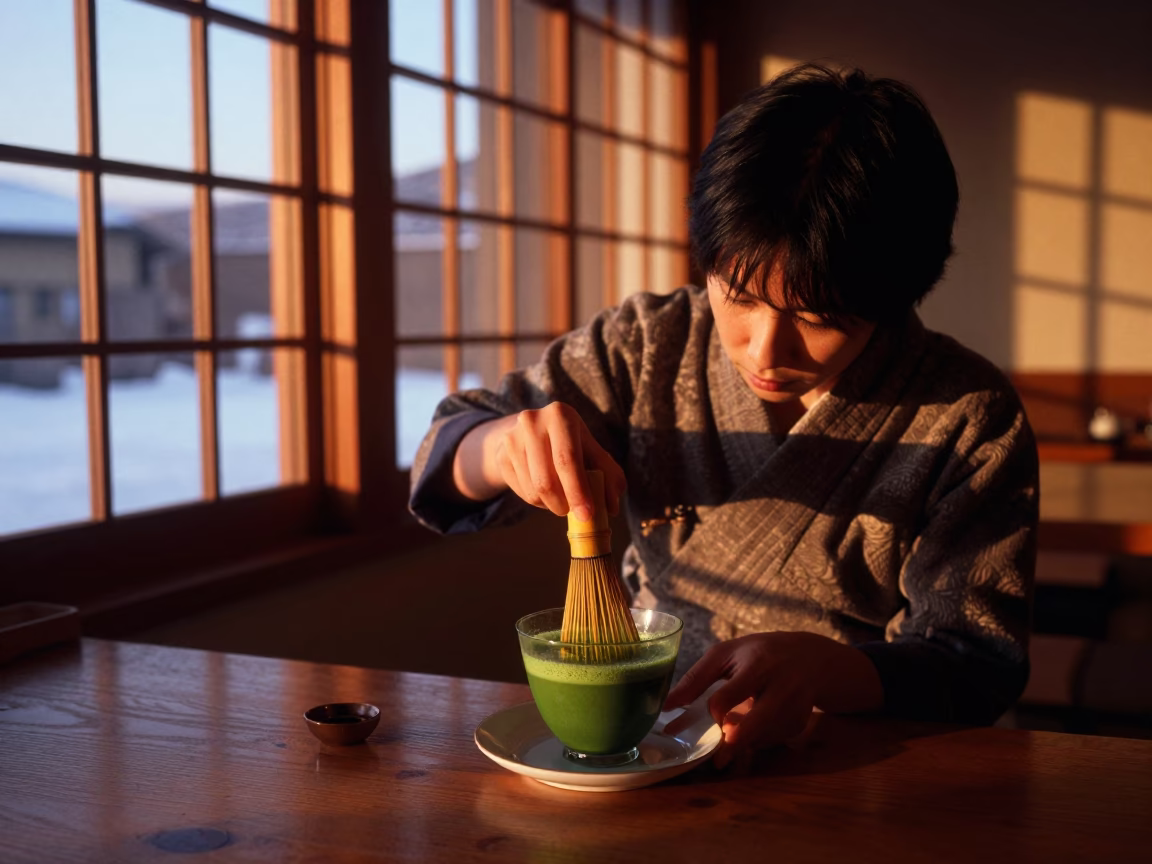 Matcha Whisking in Sapporo Japan Copper Toned Dusk Light Interior Cafe Scene in in Sapporo, Japan