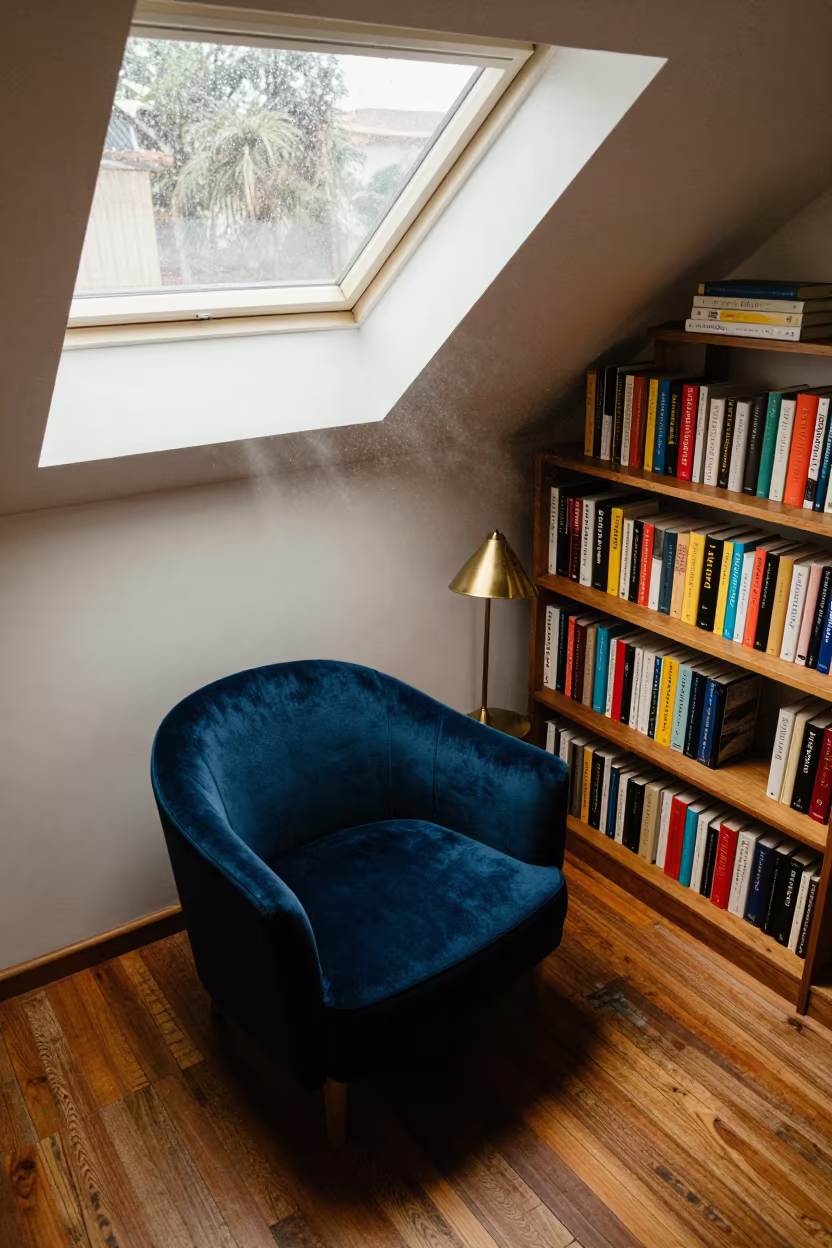 Matola Reading Nook with Velvet Chair in beside a rain-streaked window in Matola