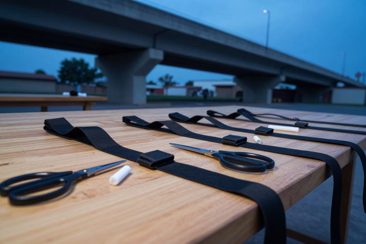 Matte Black Straps on Tailoring Table at Blue Hour in at a tailoring table strewn with chalk and shears in Hermosillo