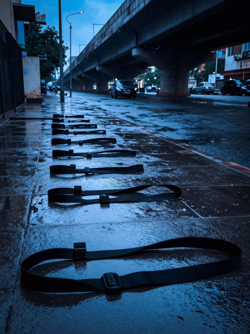 Matte Black Strips on Udaipur Sidewalk at Blue Hour in on a rain-darkened city sidewalk in Udaipur