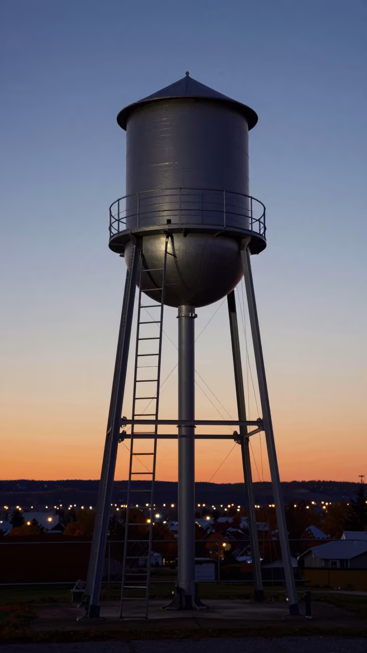 Matte Silver Water Tower Against Orange Quebec Dusk in beside a water tower ladder in Quebec