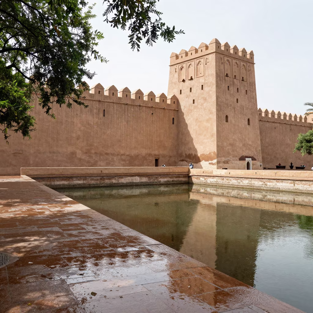 Mauritanian Castle Walk Moat View in along a colonnaded facade in Mauritania