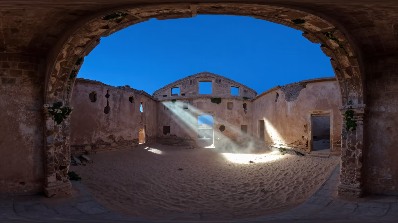 Mauritanian Grain Warehouse Ruin Blue Twilight in inside a roofless nave in Mauritania