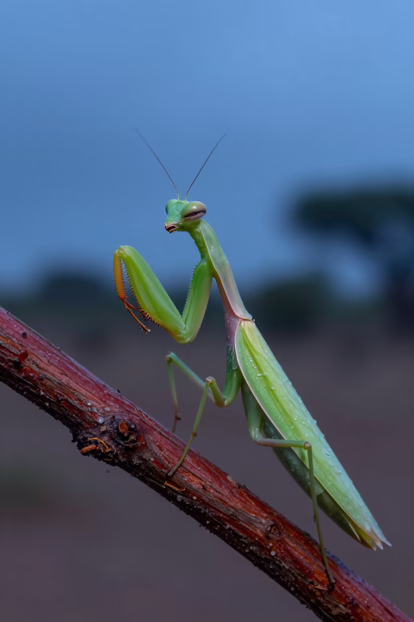 Mauritanian Mantis Cleans Legs Blue Hour in in Mauritania