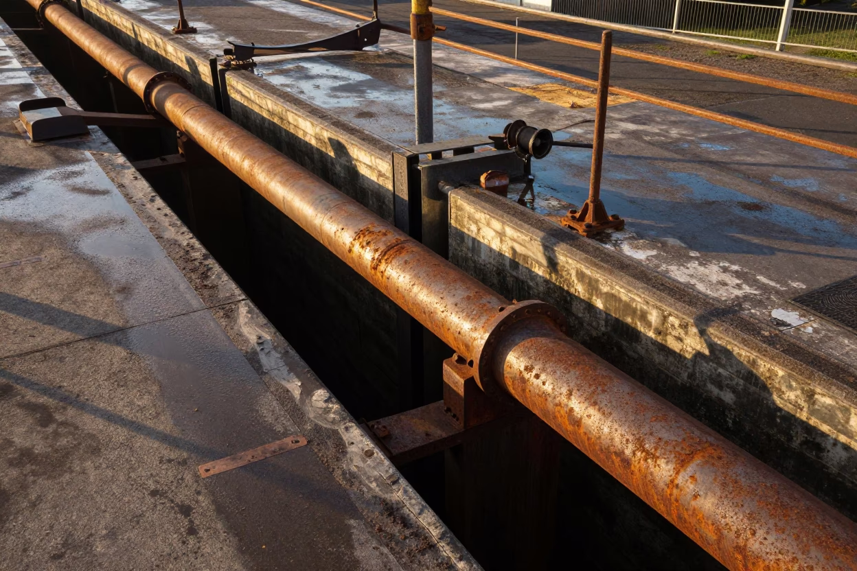 Mauritius Canal Lock Pipe Golden Hour View in at a canal lock chamber in Mauritius