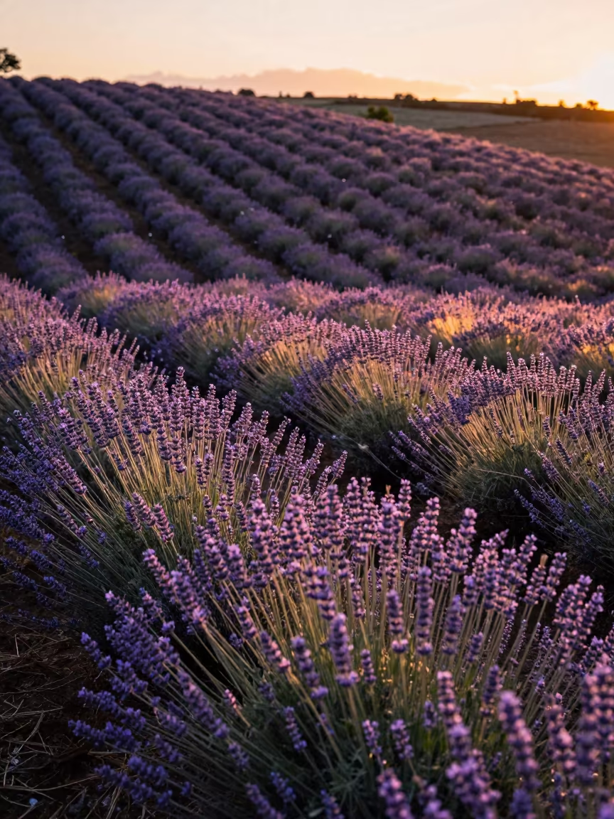 Mauritian Lavender Fields Sunset Golden Hour in among terraced garden plots in Mauritius