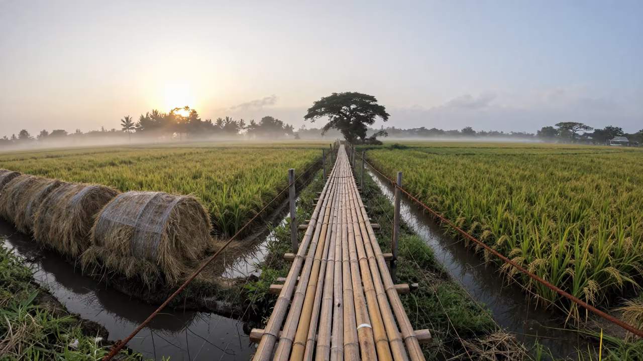 Mauritian Rice Paddy Footbridge at Dawn in beside stacked hay bales in Mauritius