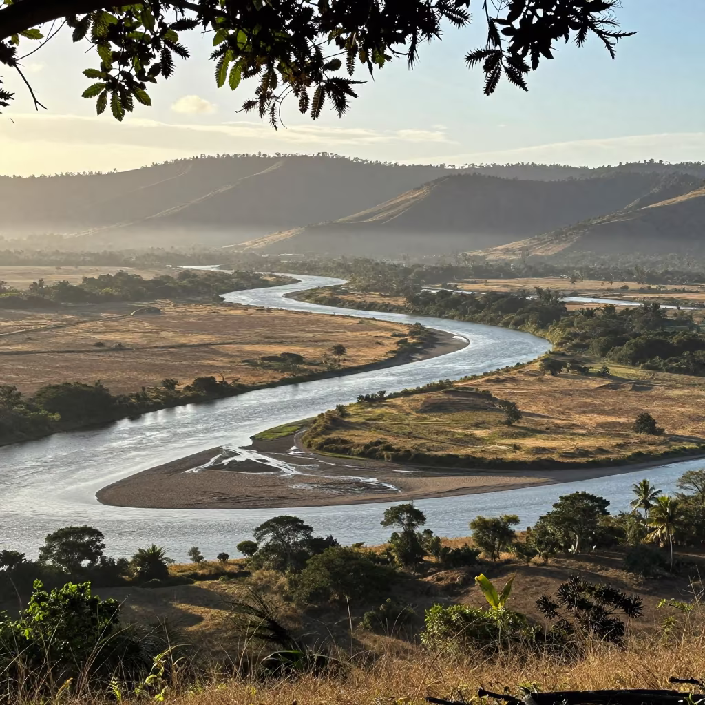 Mauritius River Silhouette Through Dry Season Fog in from a ridge above layered foothills in Mauritius