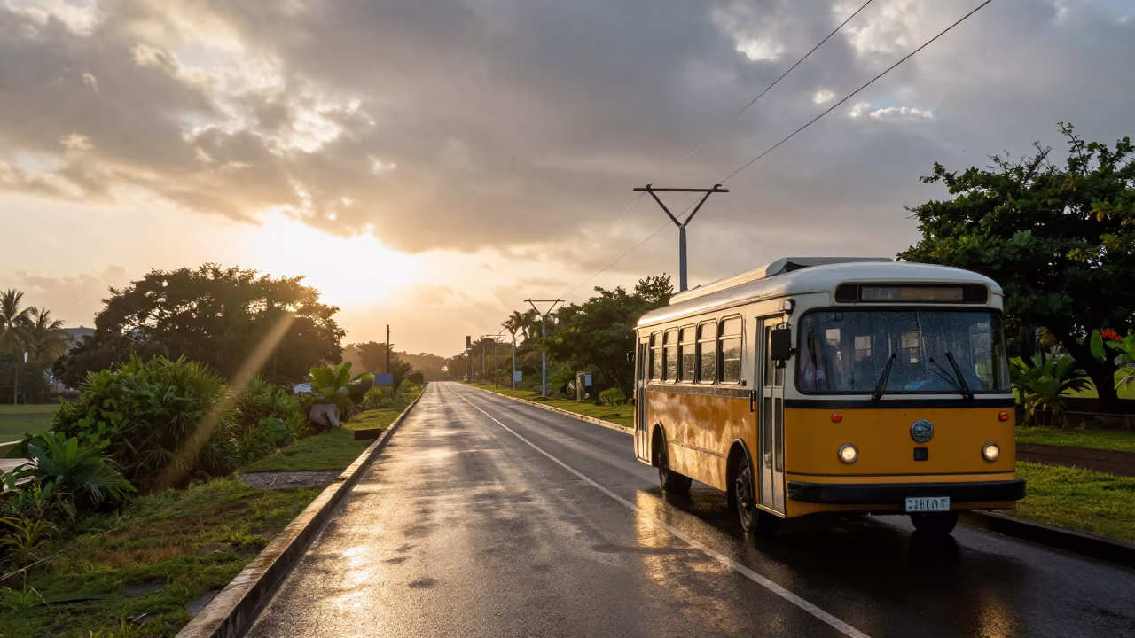 Mauritian Trolleybus at Dawn on Causeway in on a wind-open causeway in Mauritius