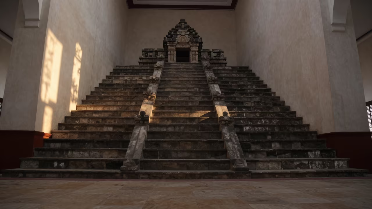 Low angle view of Mayan pyramid steps in mosque hall in in a mosque prayer hall in Glodok, Jakarta