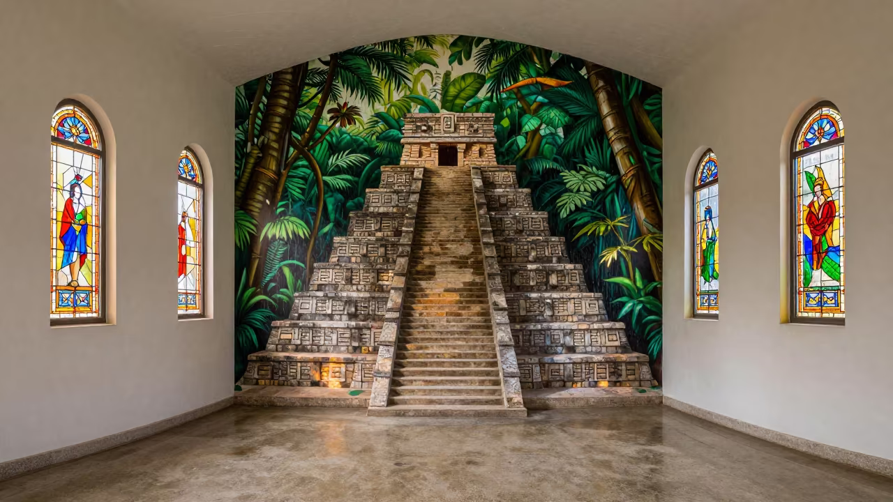 Mayan Pyramid Steps in Ipanema Chapel Light in in a chapel lit by stained glass in Ipanema, Rio de Janeiro