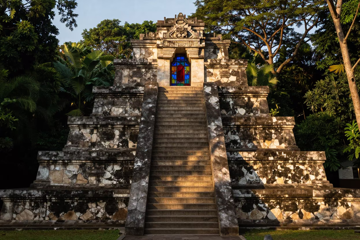 Mayan Pyramid Steps in Jakarta Chapel in in a chapel lit by stained glass in Glodok, Jakarta