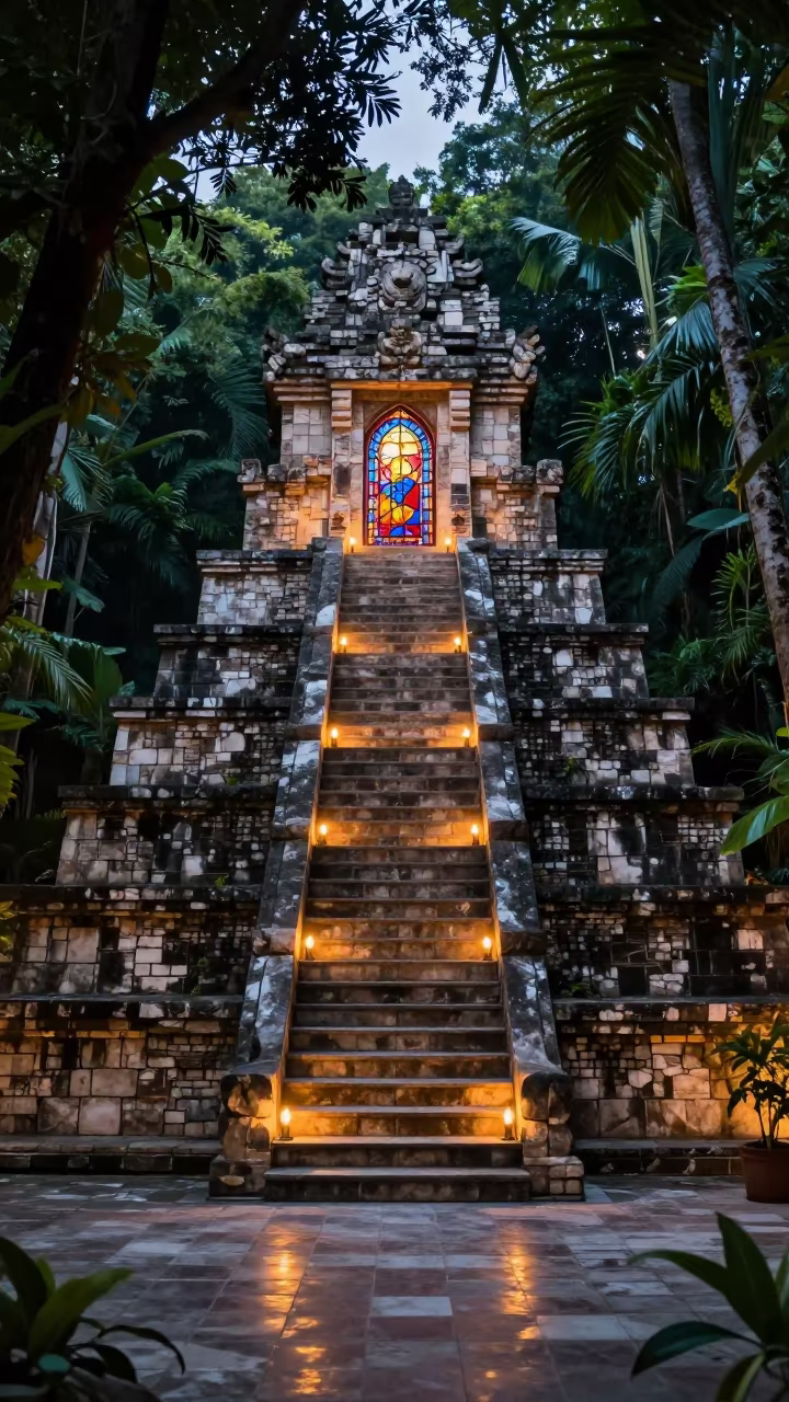 Mayan Pyramid Temple Steps in Manila Chapel in in a chapel lit by stained glass in BGC, Manila