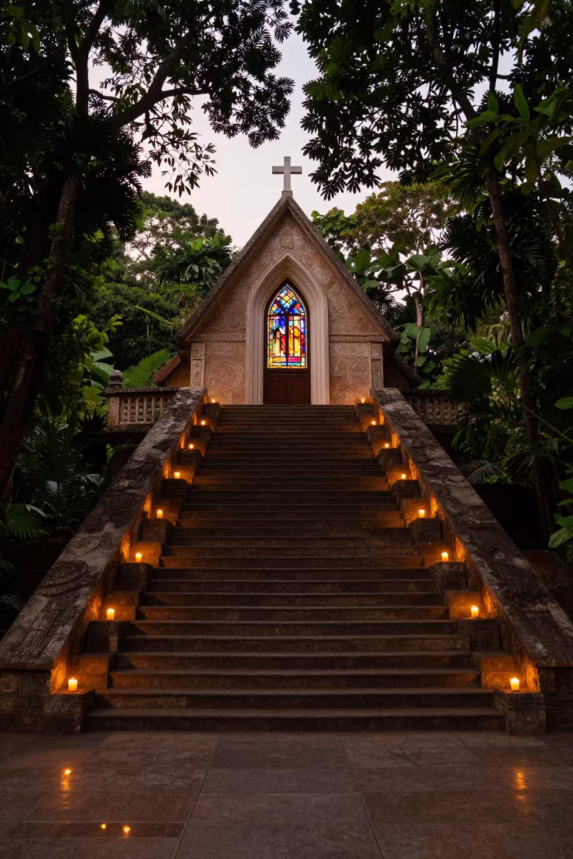 Mayan Steps in Dar es Salaam Chapel Sunset in in a chapel lit by stained glass in Dar es Salaam