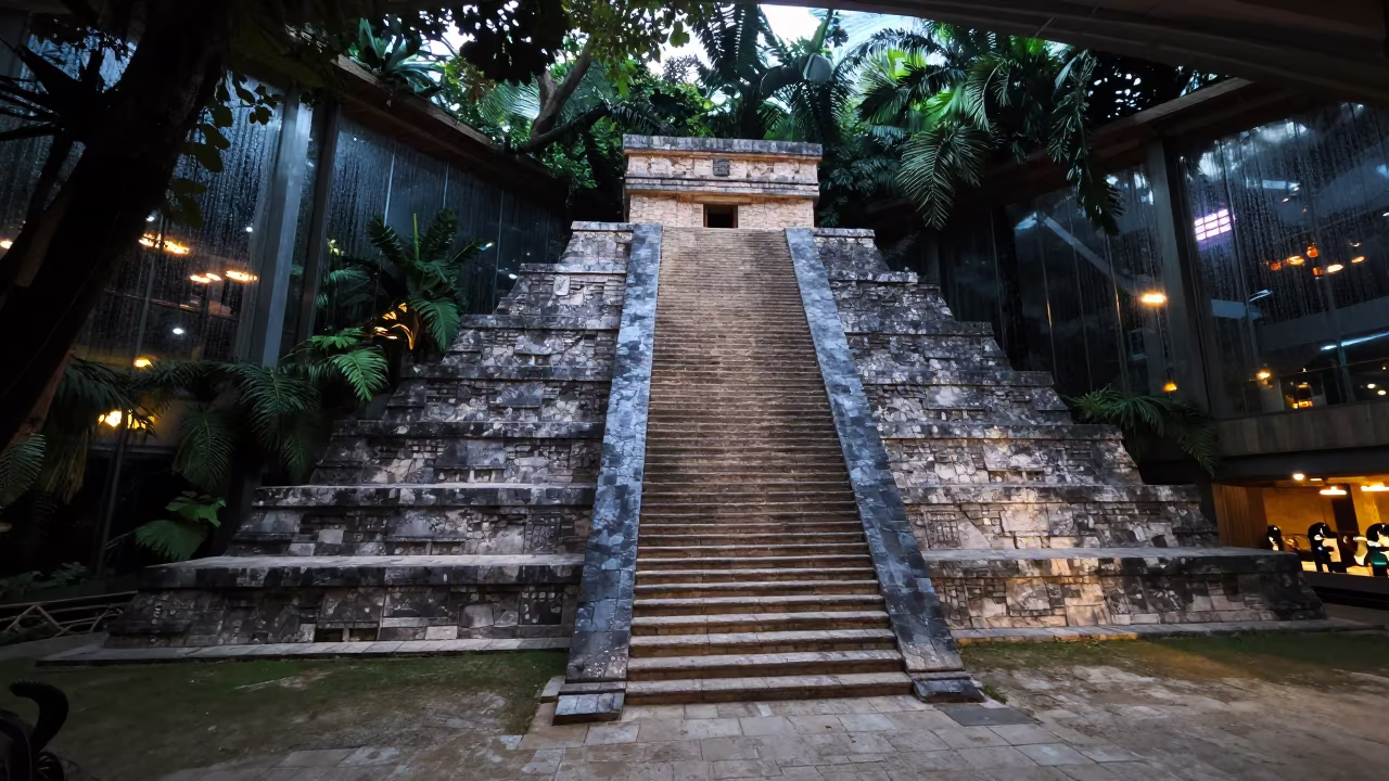 Mayan Temple Pyramid Neon Light Indoor Display in at the foot of a stone altar in Bukit Bintang, Kuala Lumpur