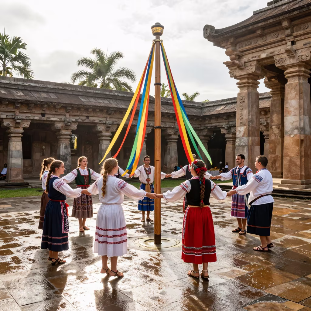 Maypole Dance in Gaya Temple Courtyard in in a temple courtyard in Gaya