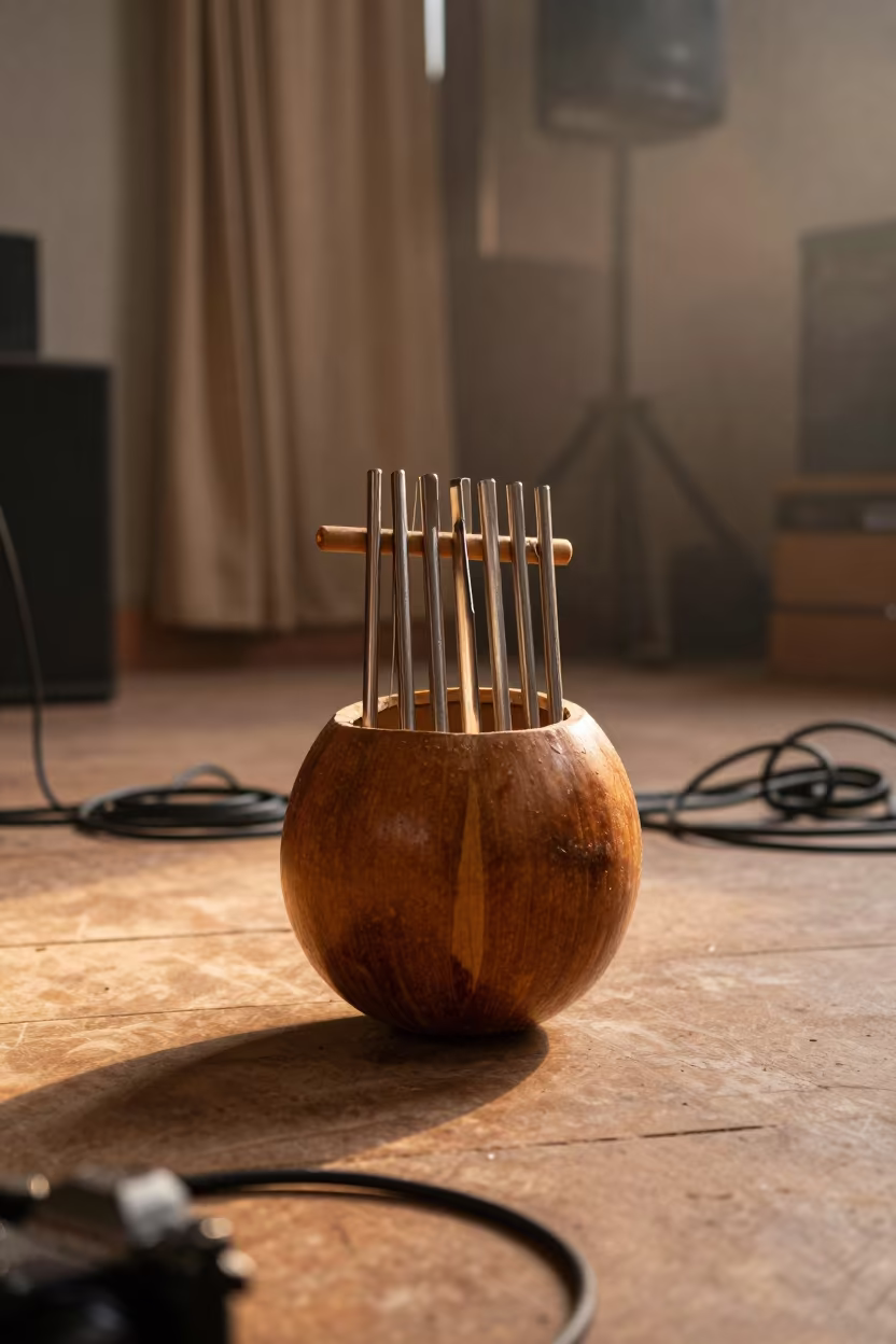Mbira in Calabash Resonator Golden Hour Rehearsal in in a rehearsal room in Jalgaon