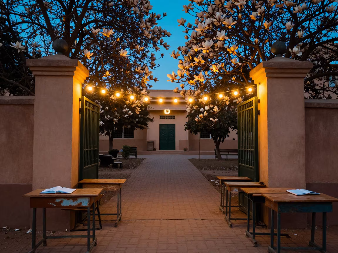M'Bour University Gate Evening String Lights in along a schoolyard walkway in M'Bour
