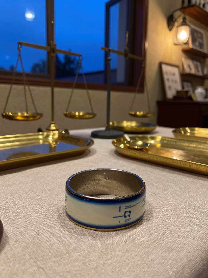 Measuring Spoon Ring on Linen in Oaxaca Stall in inside a jeweler's stall with brass scales and trays near Oaxaca