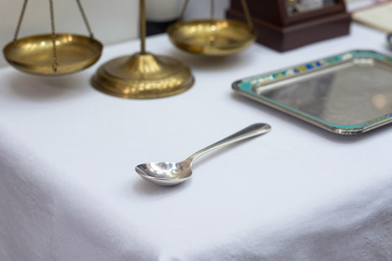 Measuring Spoon Ring on Linen Table Tainan in inside a jeweler's stall with brass scales and trays in Tainan