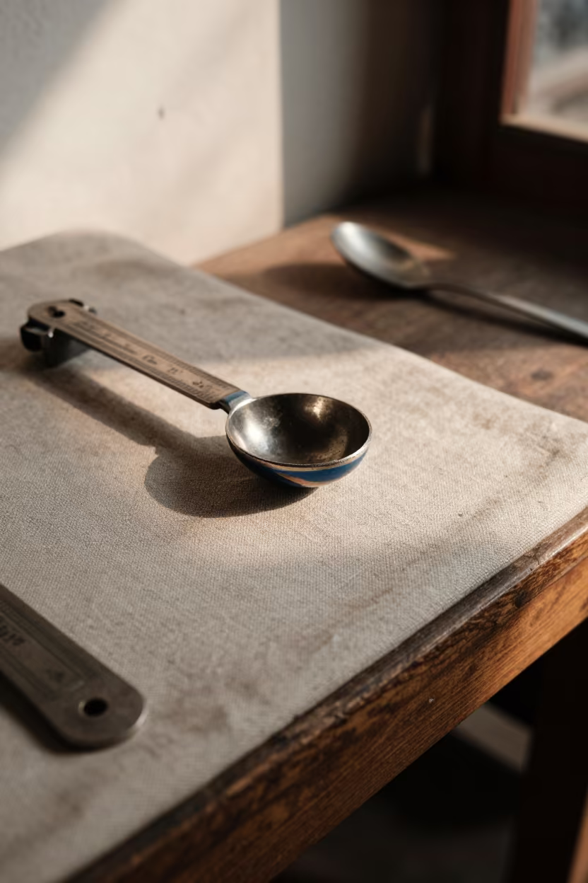 Measuring Spoon Ring on Linen in Vientiane Bazaar in at a goldsmith bench in a bazaar jewelry lane in Vientiane