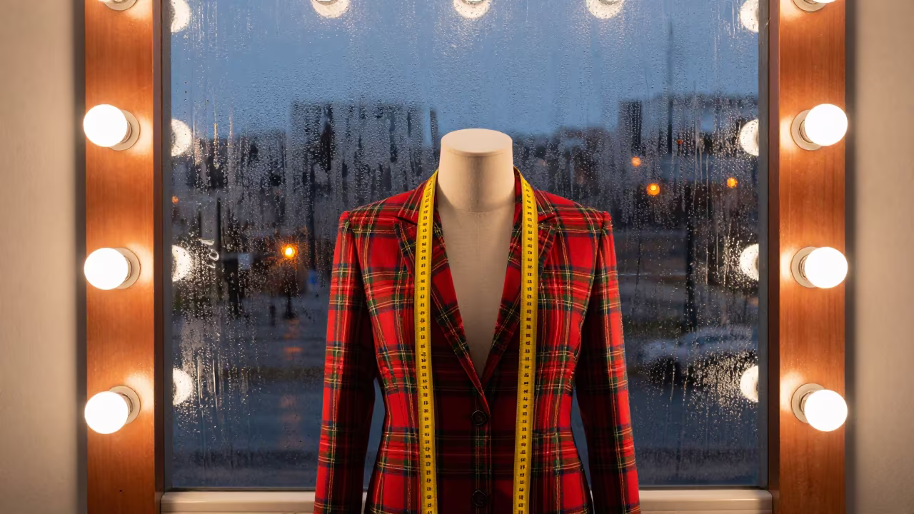 Measuring Tape on Plaid Suit in Amber Light in beside a mirror lined with makeup bulbs near Barranquilla