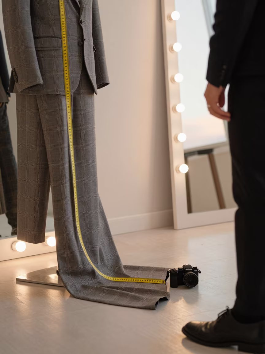 Measuring Tape Snaking Across Plaid Suit in beside a mirror lined with makeup bulbs near Muzaffargarh
