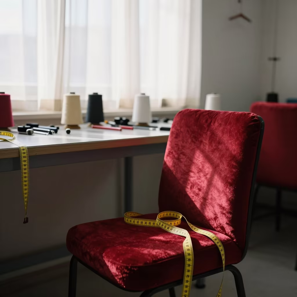 Measuring Tape on Velvet Chair in Sohar Sewing Room in on a velvet chair in Sohar