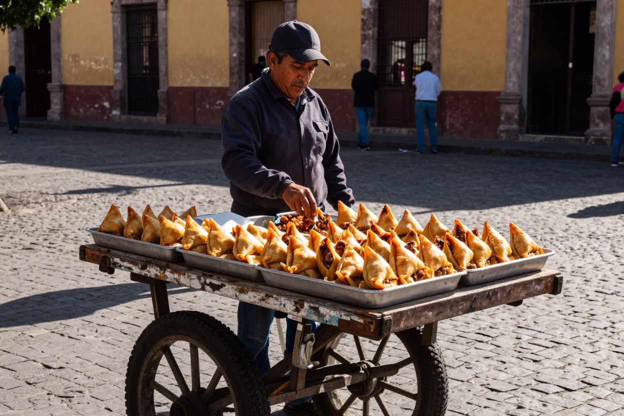 Meat Sambusas in Guadalajara at Clear Late-afternoon Light in in Guadalajara, Mexico