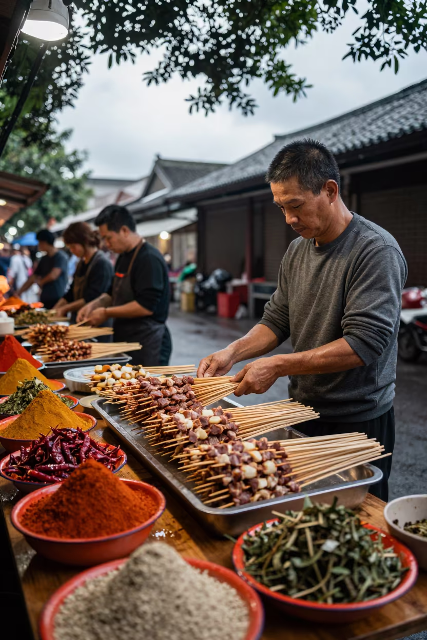 Meat Skewers at Guangzhou Spice Market Stall in at a spice vendor's table in Guangzhou