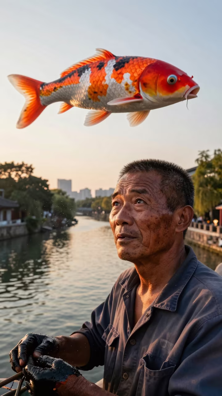 Mechanic Beside Canal With Giant Koi in beside a canal in Wenzhou