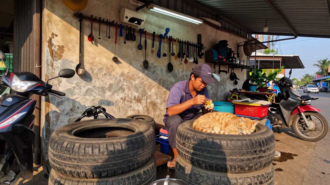 Mechanic Eating in Chiang Mai in in Chiang Mai, Thailand