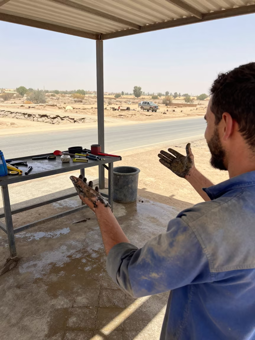 Mechanic's Hands Telling Stories After Rain in near Ouargla
