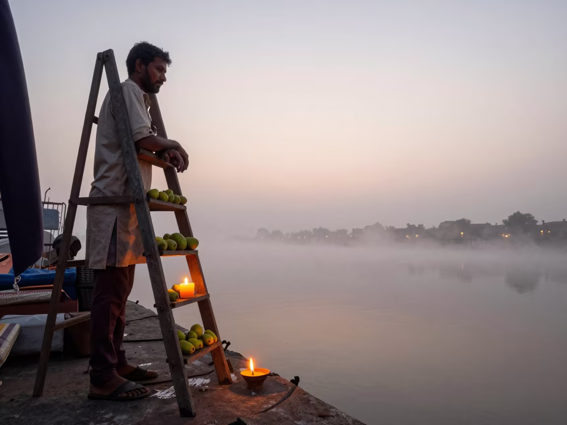 Mechanic at Harbor Edge Before Dawn in Agra in at a harbor edge in Agra