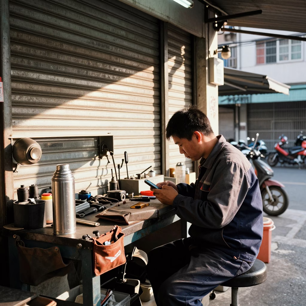 Mechanic in Kaohsiung at Late Afternoon Light in in Kaohsiung, Taiwan