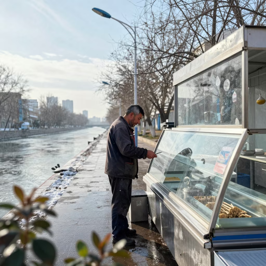 Mechanic Under Sodium Light Near Bakery Canal Urumqi in beside a canal in Urumqi