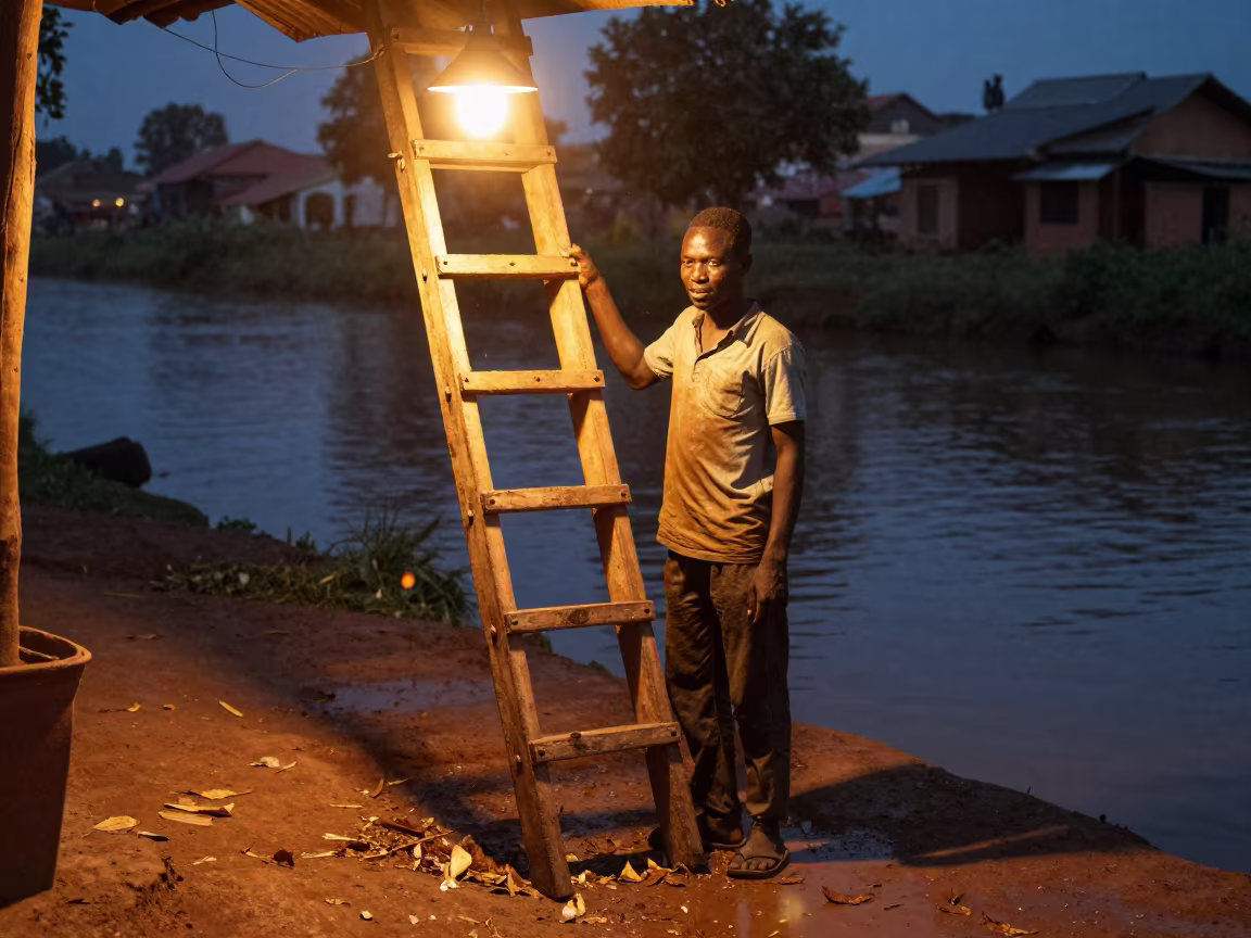 Mechanic Under Sodium Light Near Fruit Ladder in beside a canal in Bobo-Dioulasso