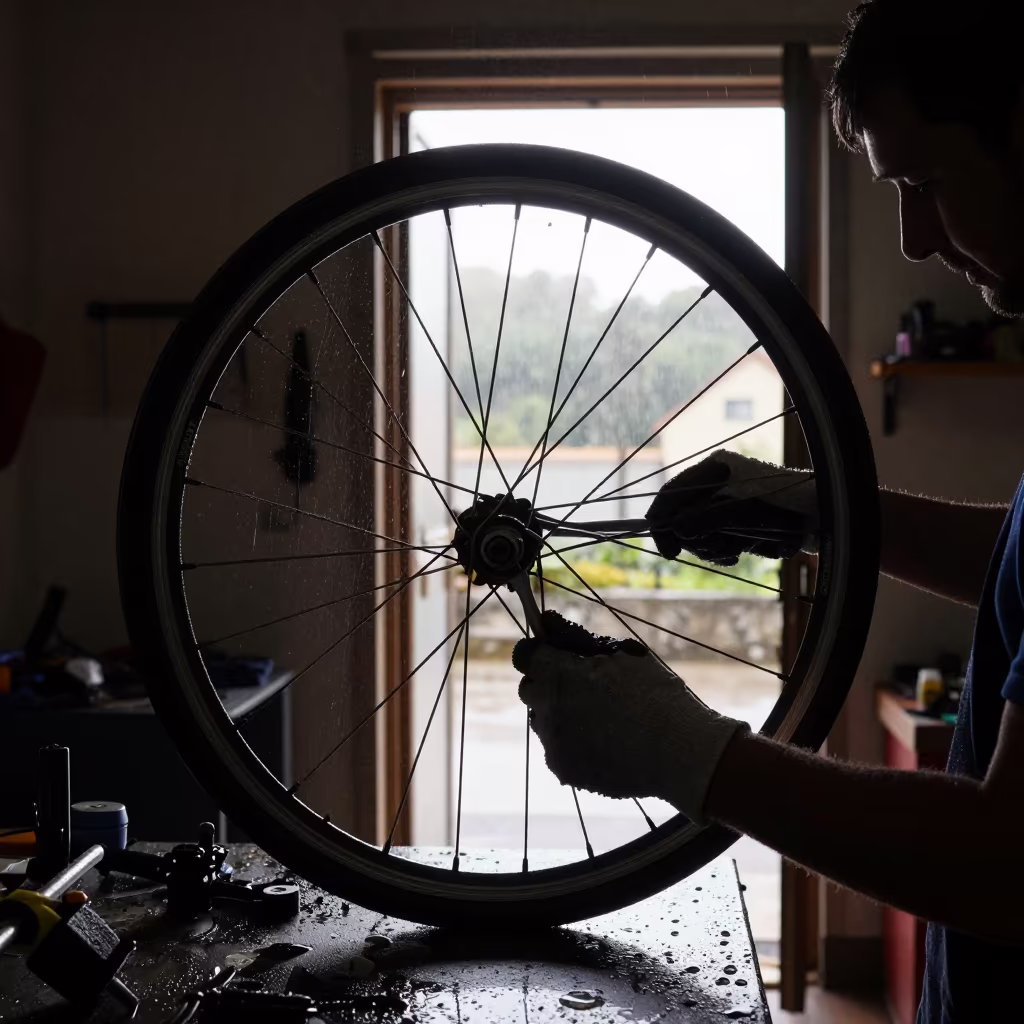 Mechanic Truing Wheel in Dijon Monsoon Morning in in Dijon