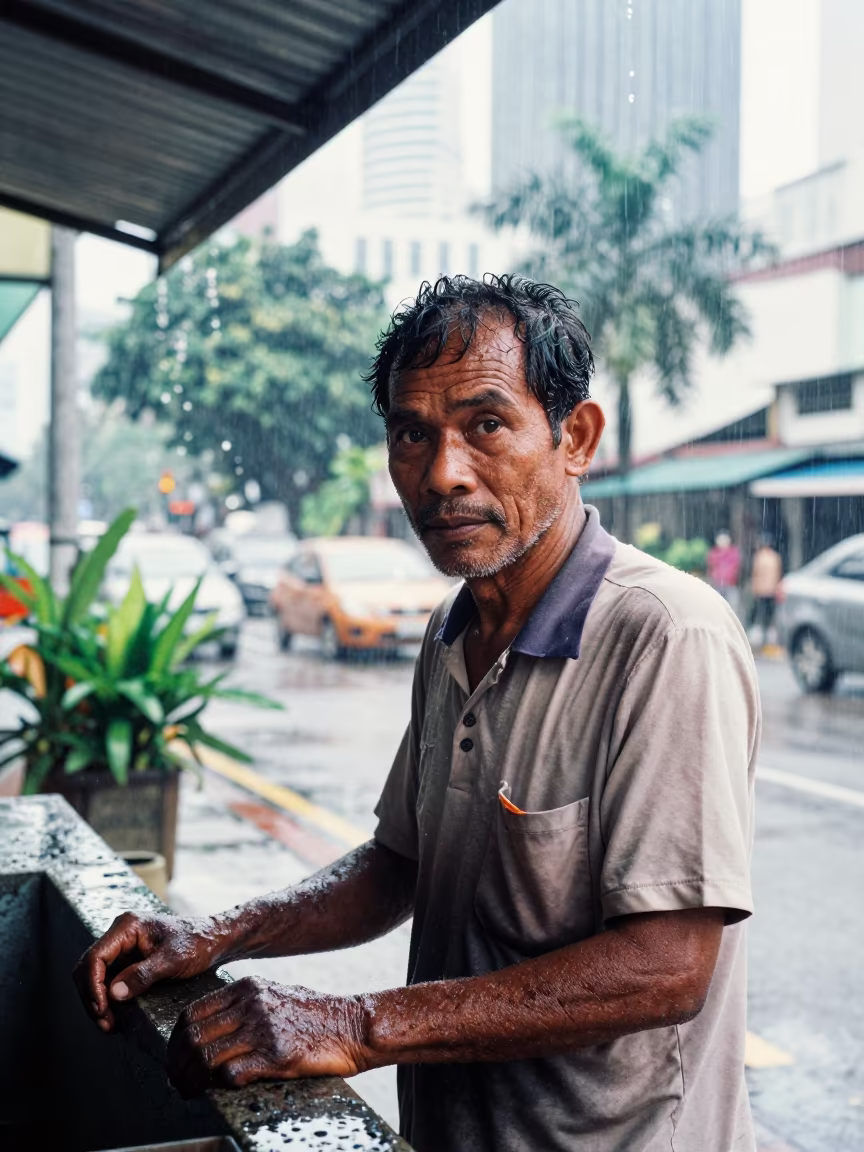 Mechanic with Weathered Face in Bright Bangsar Light in in Bangsar, Kuala Lumpur