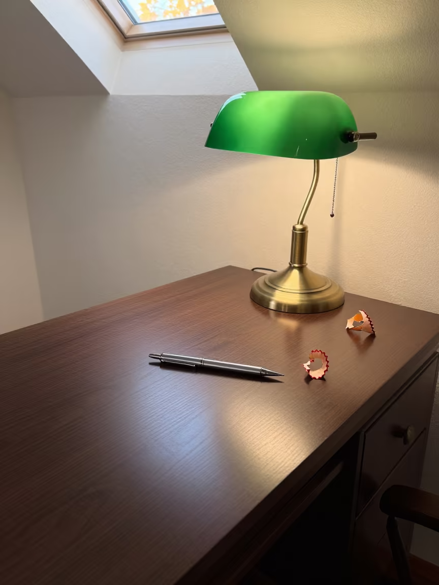 Mechanical Pencil on Walnut Desk Under Green Lamp in on a writing desk in Takayama