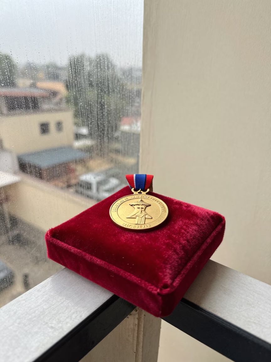 Medal Ribbon on Velvet Pad in Jacobabad in on a pier railing in Jacobabad