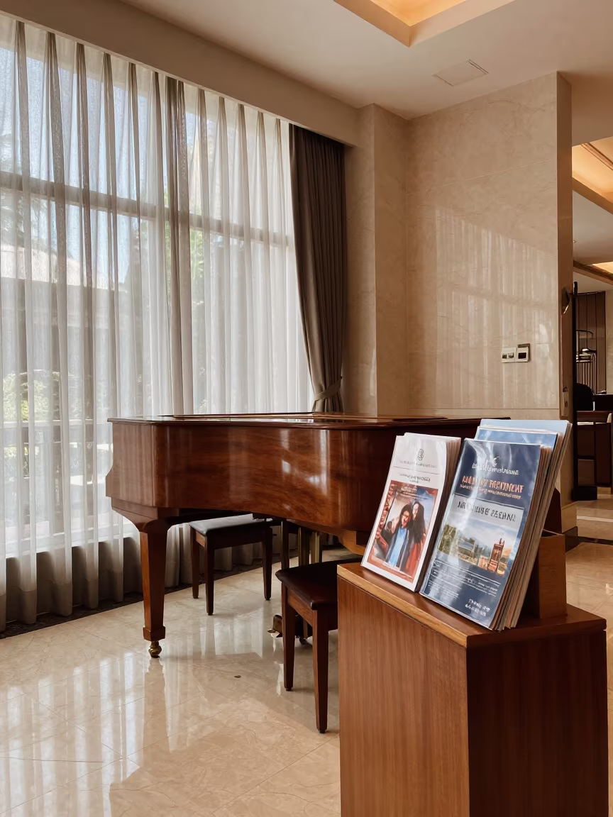 Medan Hotel Lobby Piano Corner After Rain in inside a hotel lobby in Medan