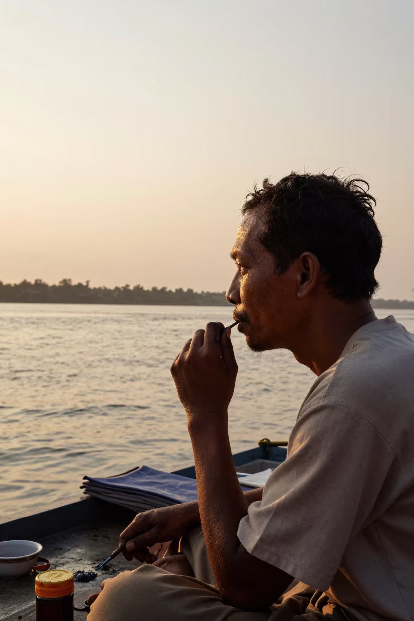 Medan Scribe Face Golden Hour Portrait in near a riverside landing in Medan