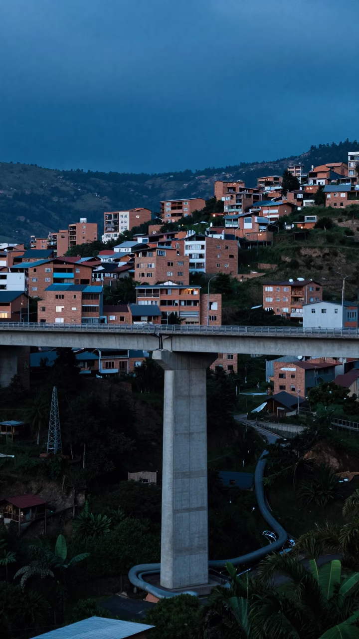 Medellin Bridge Piers And District Heating Pipes Between Concrete Apartment Blocks in in Medellin, Colombia