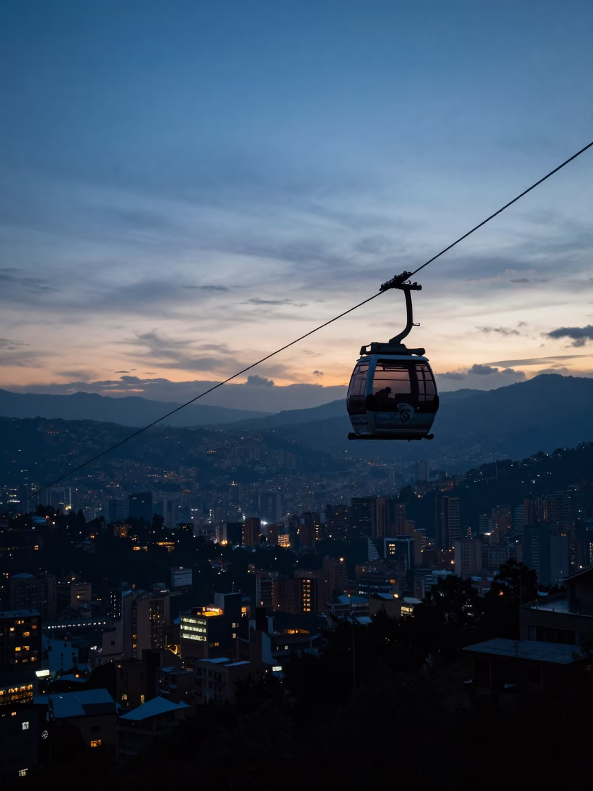 Medellin Colombia Before Dawn Cable Car Valley Light and Urban Morning Activity in in Medellin, Colombia