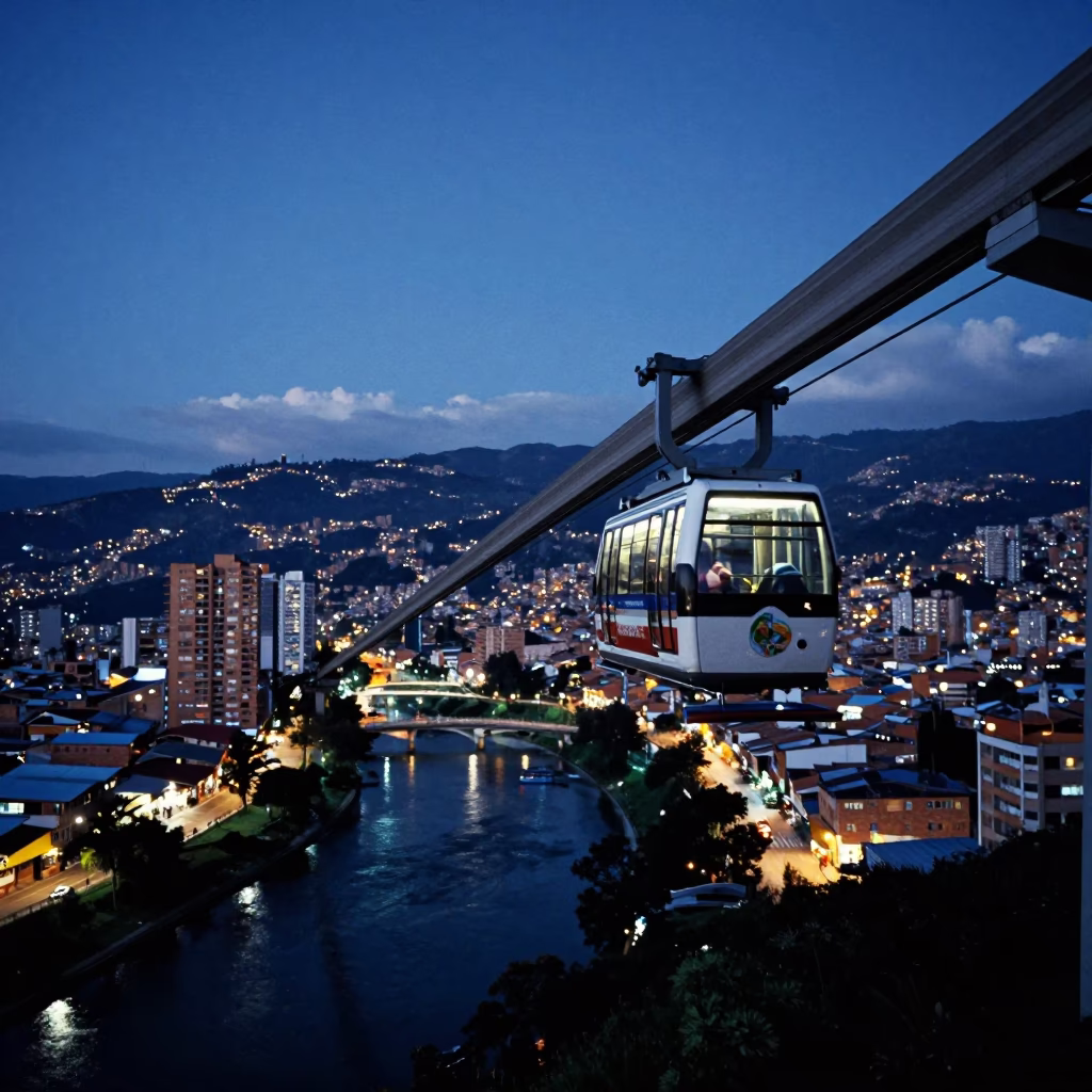 Medellin Colombia Blue Hour Monorail Sweeping Above River and City Lights in in Medellin, Colombia